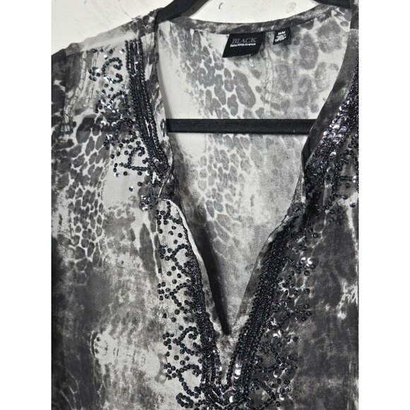 Black Saks Fifth Avenue Womens Printed Keyhole Neck Tunic Blouse Size Medium - Picture 7 of 13